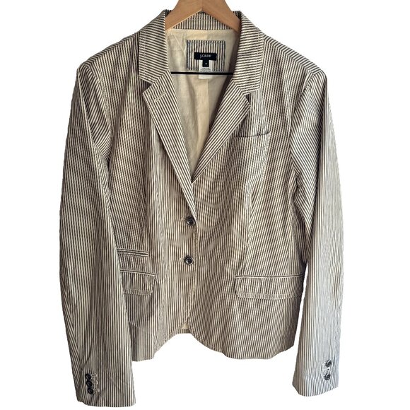 J Crew Two Button Cotton Striped Lined Blazer Grey and Cream Women's Size 14 EUC - Picture 1 of 5